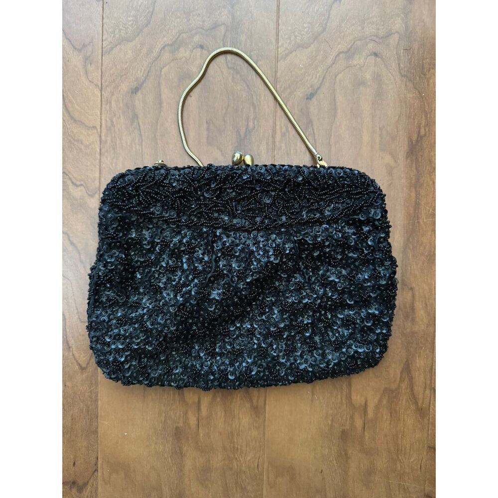 Vintage Black Beaded Purse Bag Made In Hong Kong New Years Eve Black Tie Holiday - Picture 2 of 5